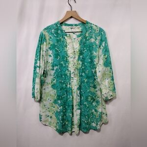 Liz Claiborne Floral Babydoll Popover Top Women's XL Green Cottagecore Peasant